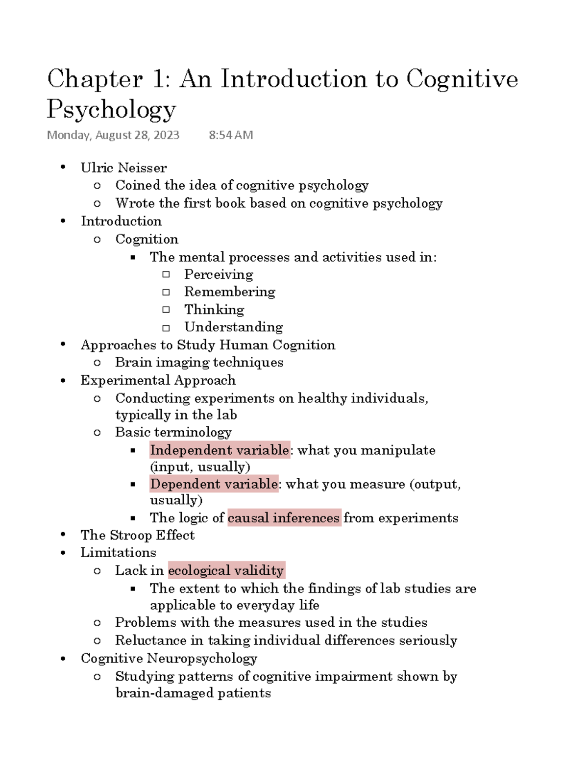 PSY 334- Chapter 1 - Cognitive Psychology- Lecture 1 Notes Professor Dr ...