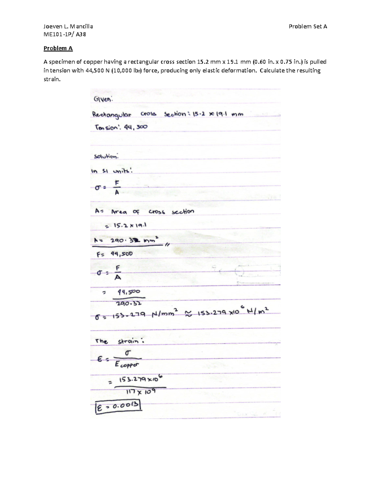 ME101-1P A38 PSA - ME101-1P/ A Problem A A specimen of copper having a ...