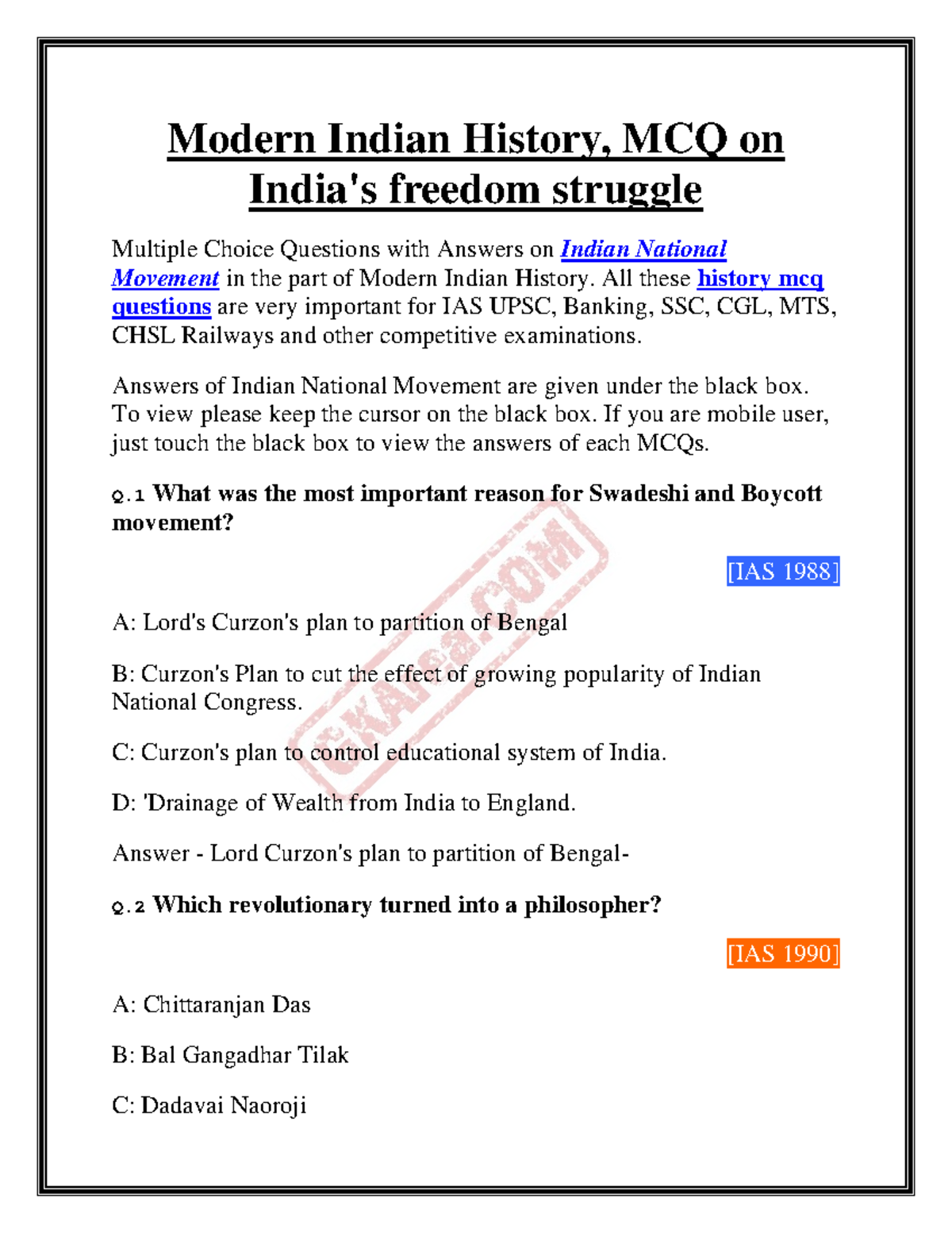 Modern India History Mcq - Modern Indian History, MCQ On India's ...