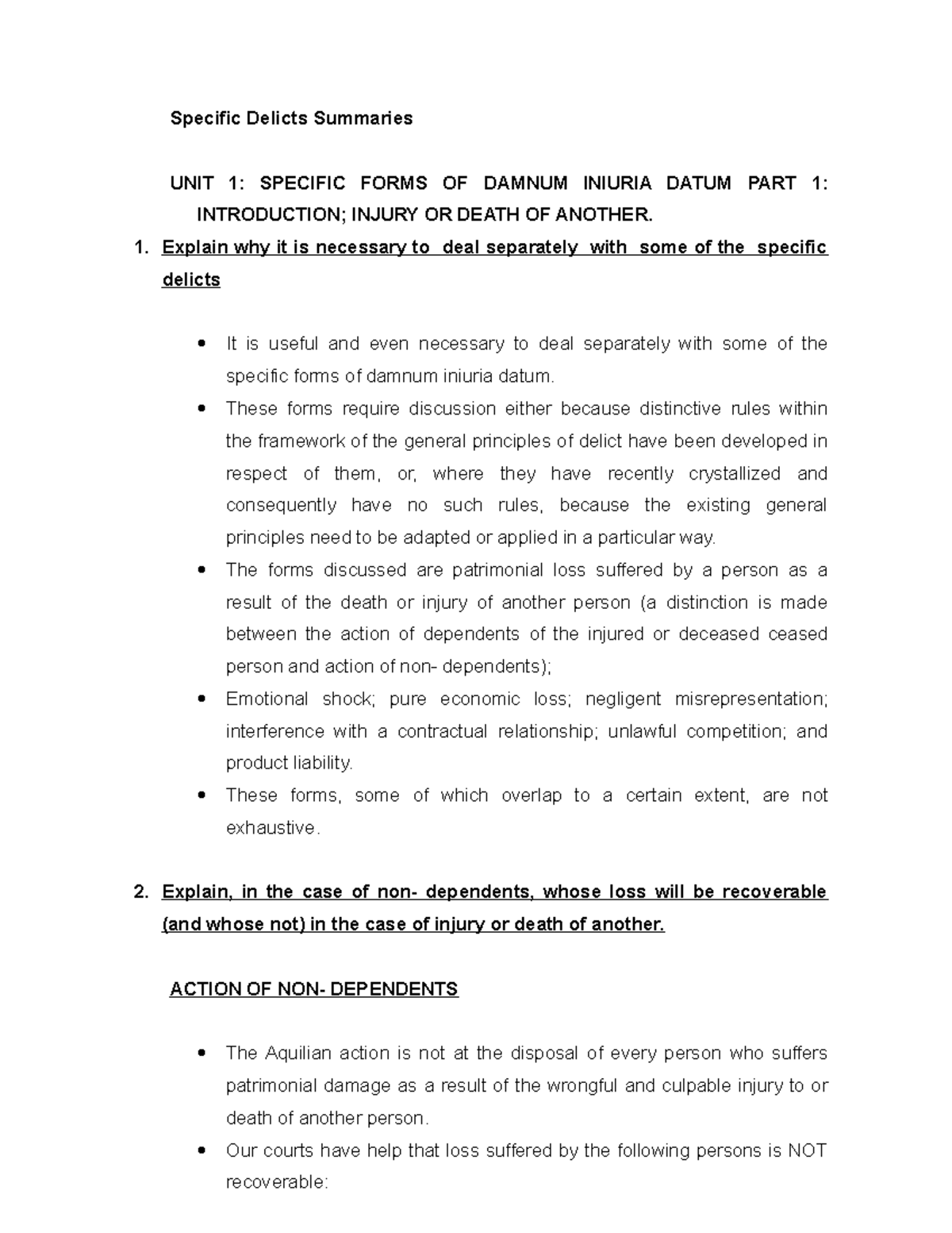 Law of Delict Notes - Specific Delicts Summaries UNIT 1: SPECIFIC FORMS ...