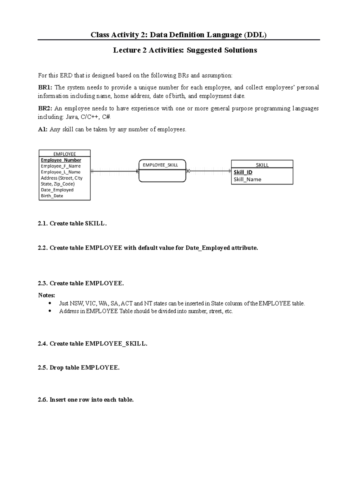 Class Activity 2 DDL - Week 2 Tutorial Exercise - Class Activity 2 ...