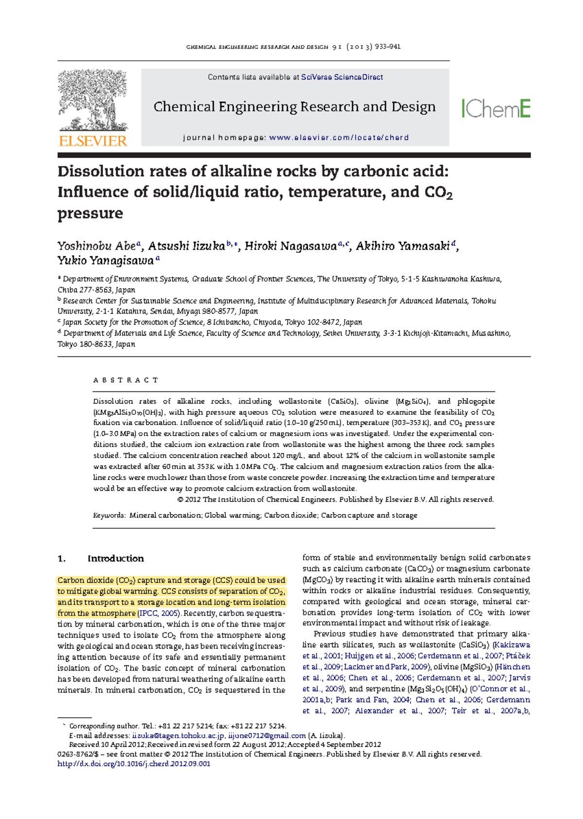 Dissolution rates of alkaline rocks by carbonic acid - Contents lists ...