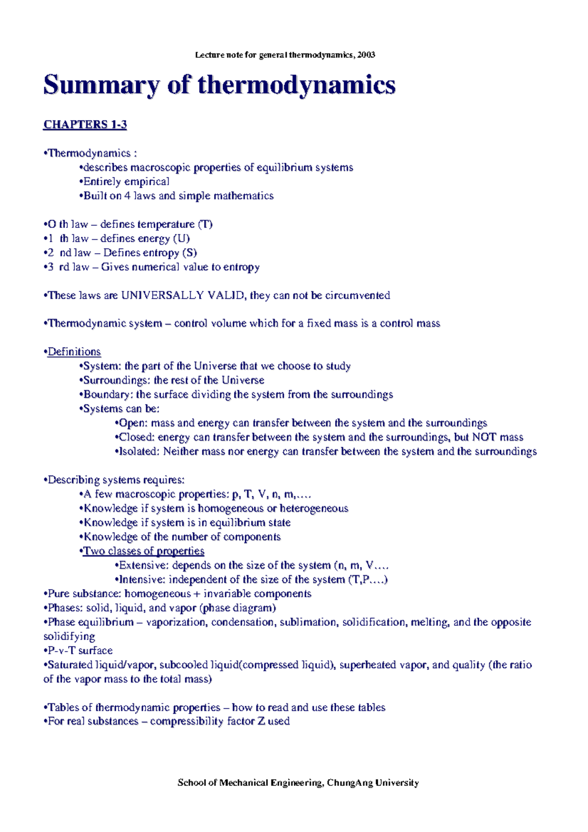 Summary Thermodynamics 1 Basic concepts, formulae and definations ...