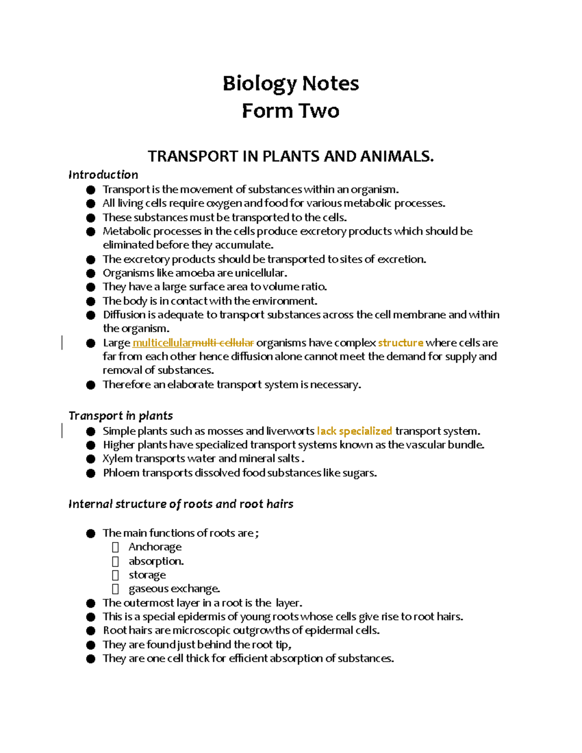 Biology F2 Notes12 notes Biology Notes Form Two TRANSPORT IN