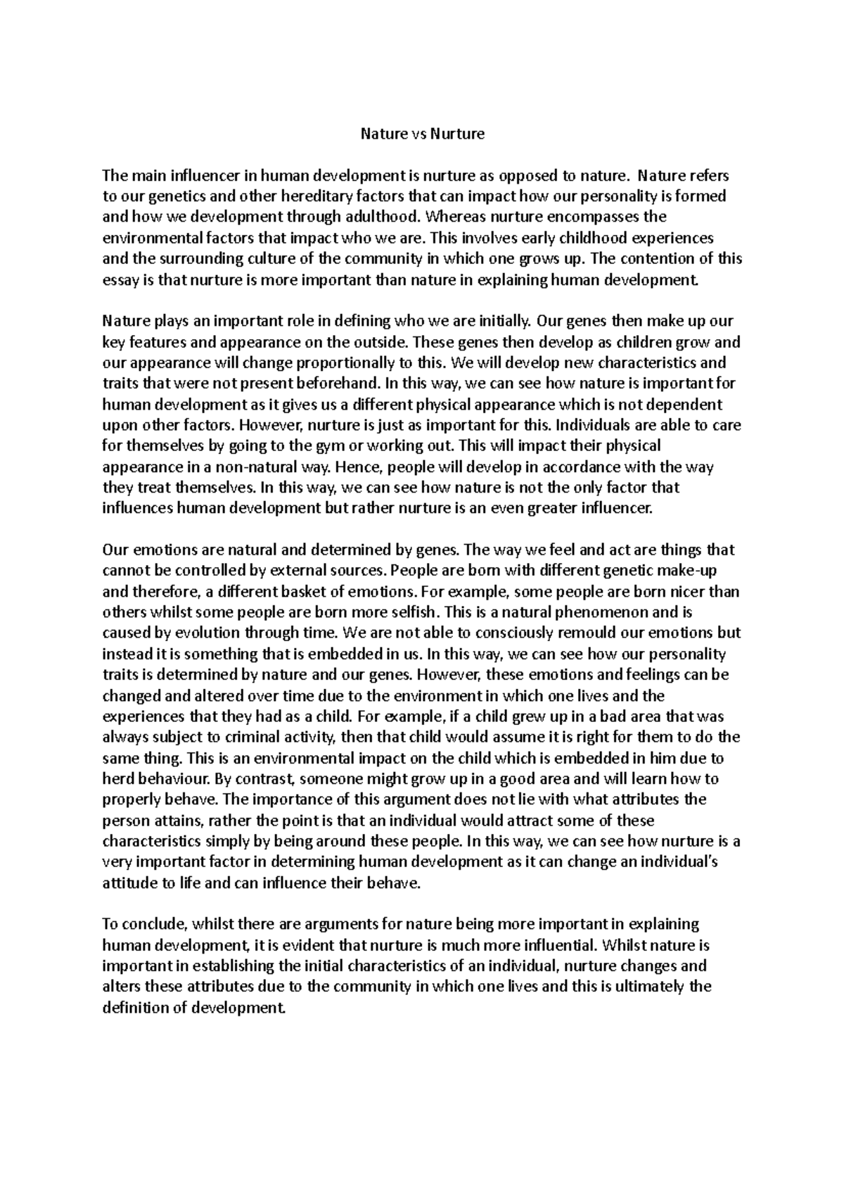 Nature vs Nurture - lecture notes - Nature vs Nurture The main ...