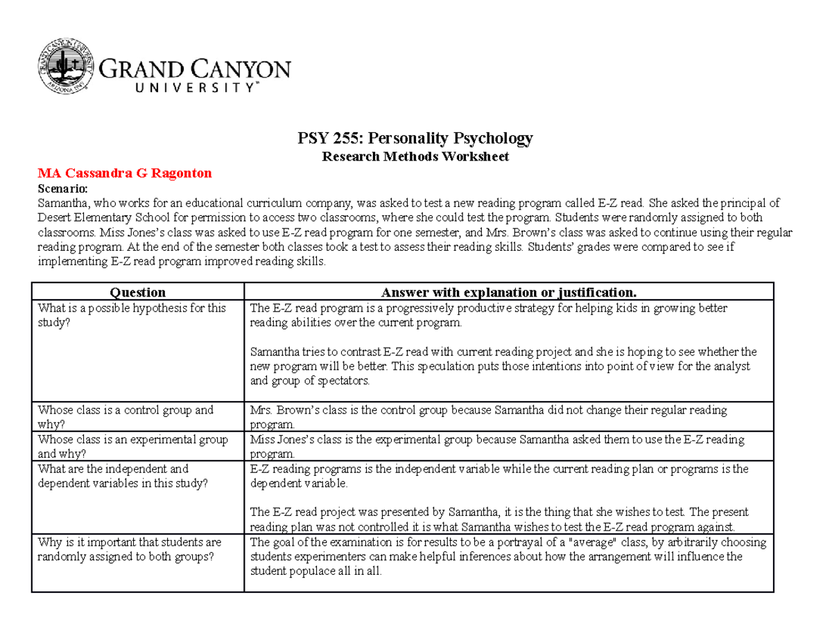 Planning An Experiment - PSY 255: Personality Psychology Research ...