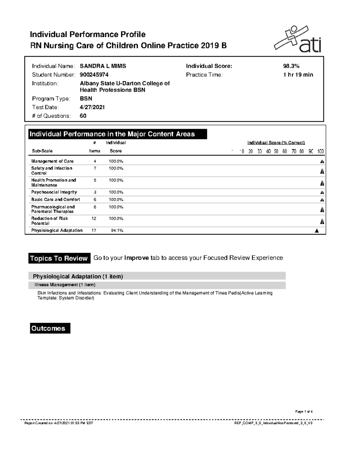 Sandra peds ATI pretest B Individual Performance Profile RN Nursing