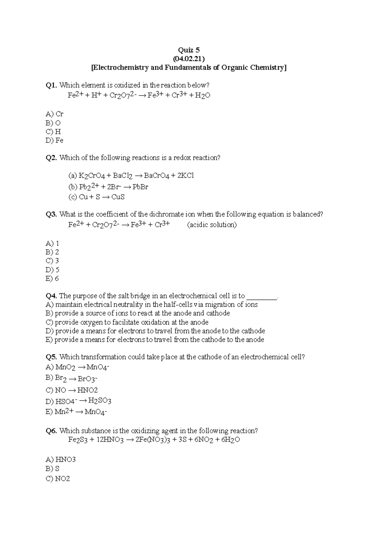 Quiz 5 - A Quiz - Quiz 5 (04.02) [Electrochemistry and Fundamentals of ...