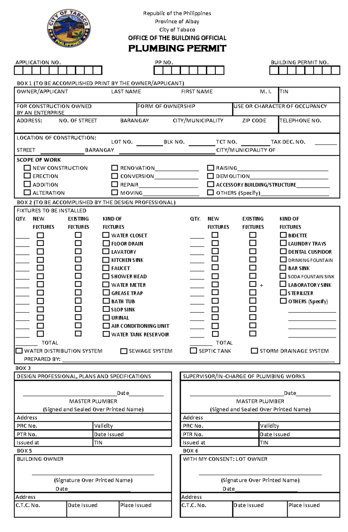 Plumbing permit - APPLICATION NO. PP NO. BUILDING PERMIT NO. BOX 1 (TO ...