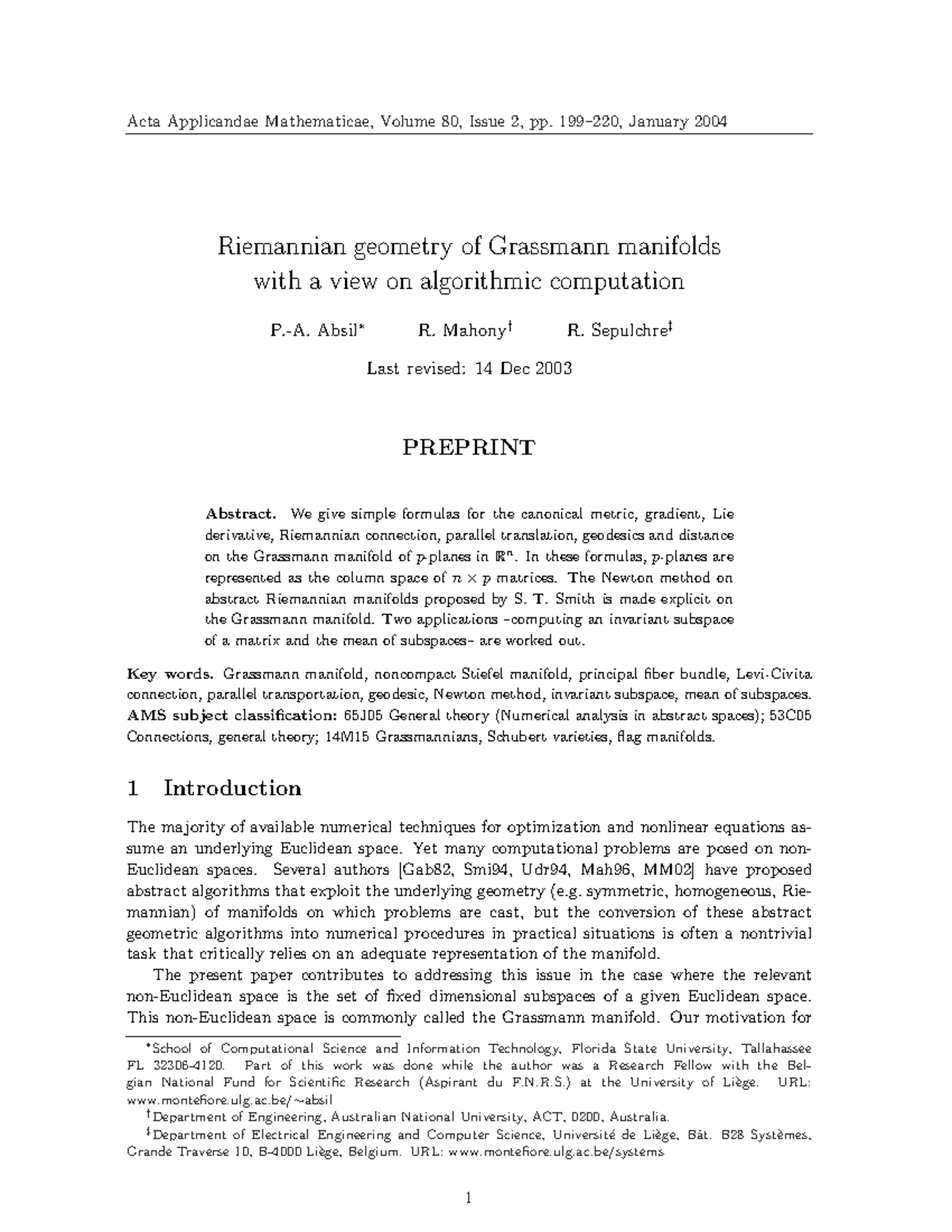 Riemannian geometry of grassmann manifolds with a view on algorithmic ...
