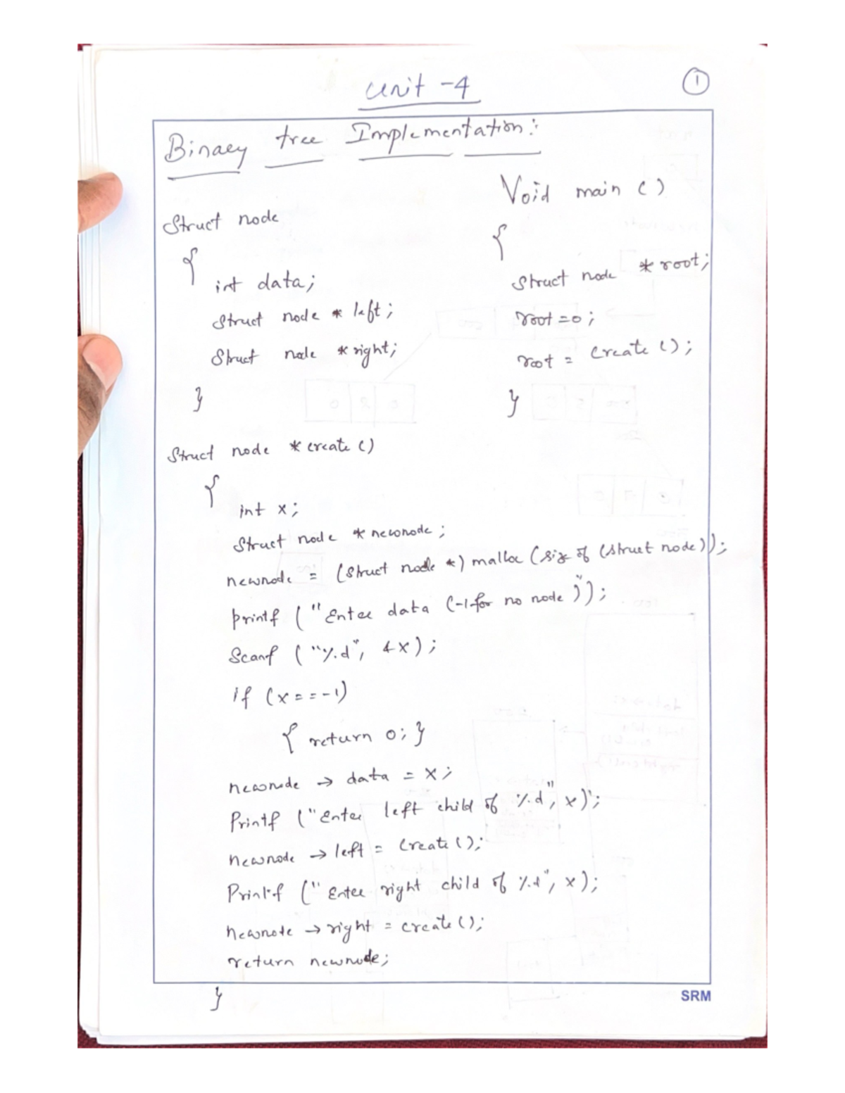Unit 3 Notes - unit I Binaey tree Implementation: Void main () Struct ...