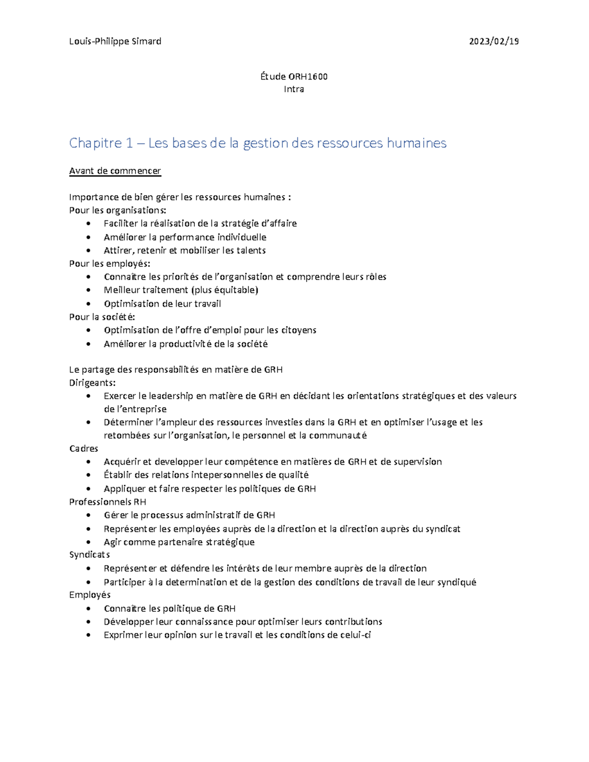 Notes de cours ORH1600 - Étude ORH Intra Chapitre 1 – Les bases de la ...