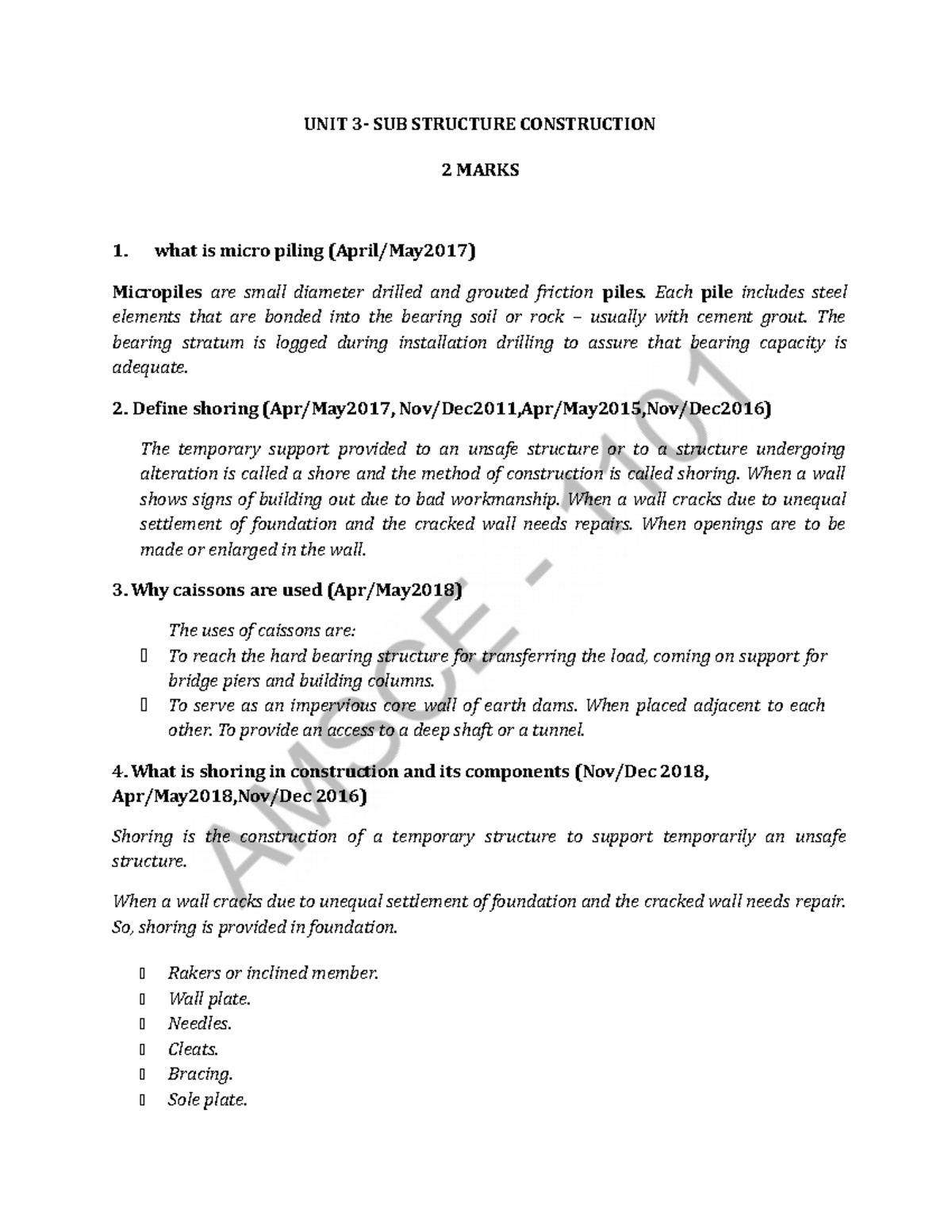 Unit 3 watermark unit 3 sub structure construction 2 marks what is