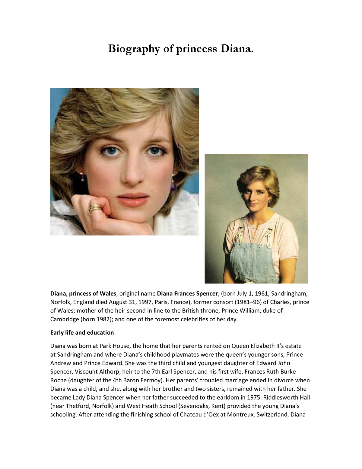 Biography of princess Diana - Diana, princess of Wales, original name ...