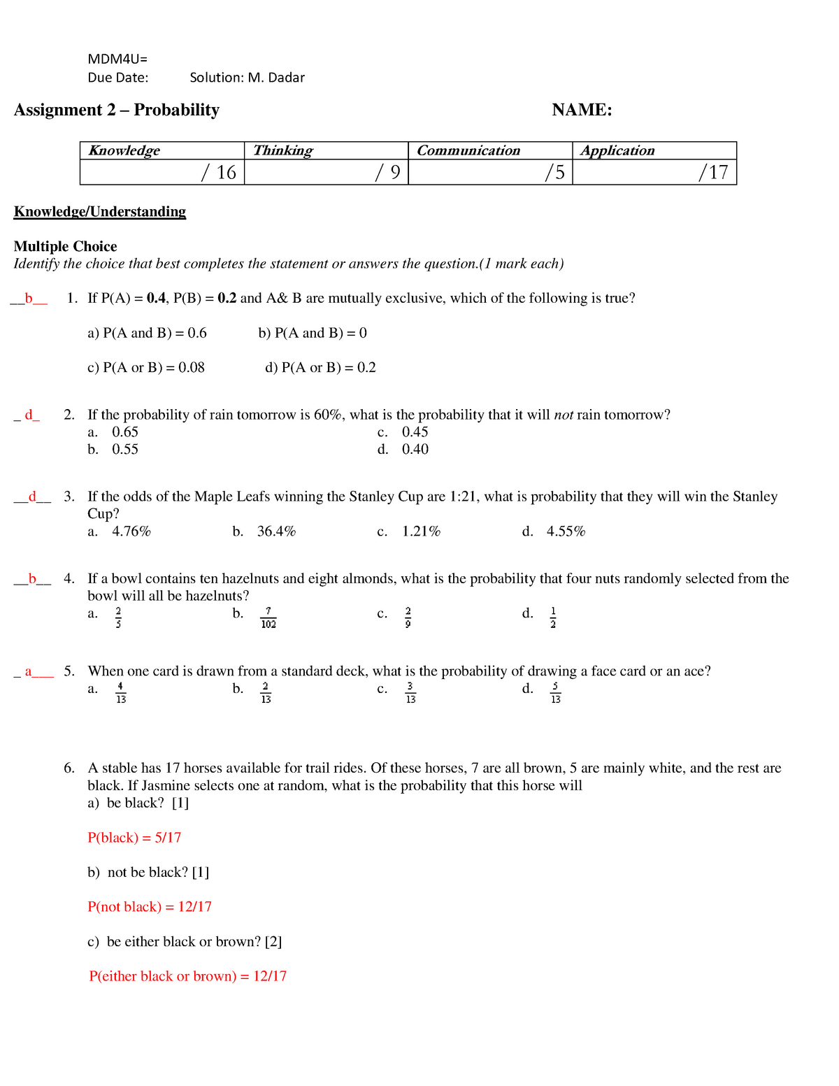 maths assignment on probability