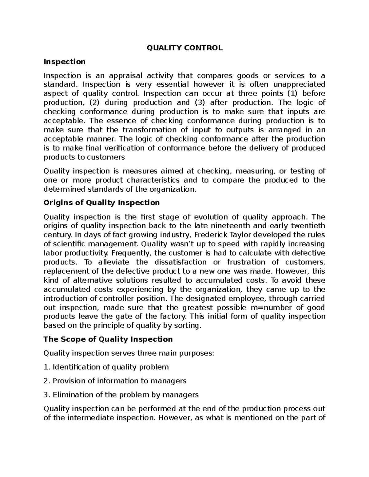 Operations Managementv 8 QUALITY CONTROL Inspection Inspection is an