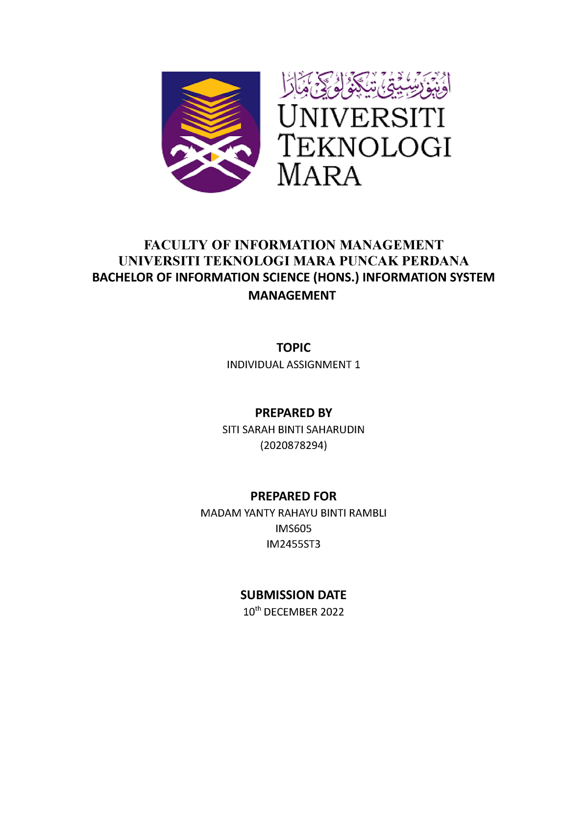 IMS605 individual assignment - FACULTY OF INFORMATION MANAGEMENT ...