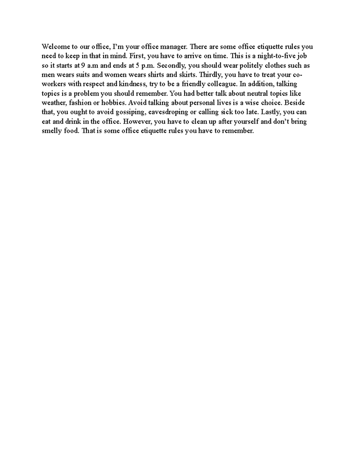 Writing unit 4 - Welcome to our office, I’m your office manager. There ...