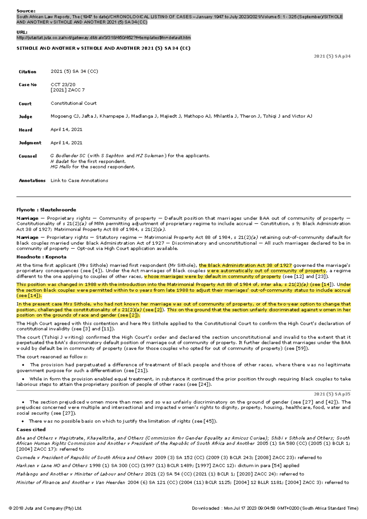 Sithole AND Another v Sithole AND Another 2021 (5) SA 34 (CC) - Source ...