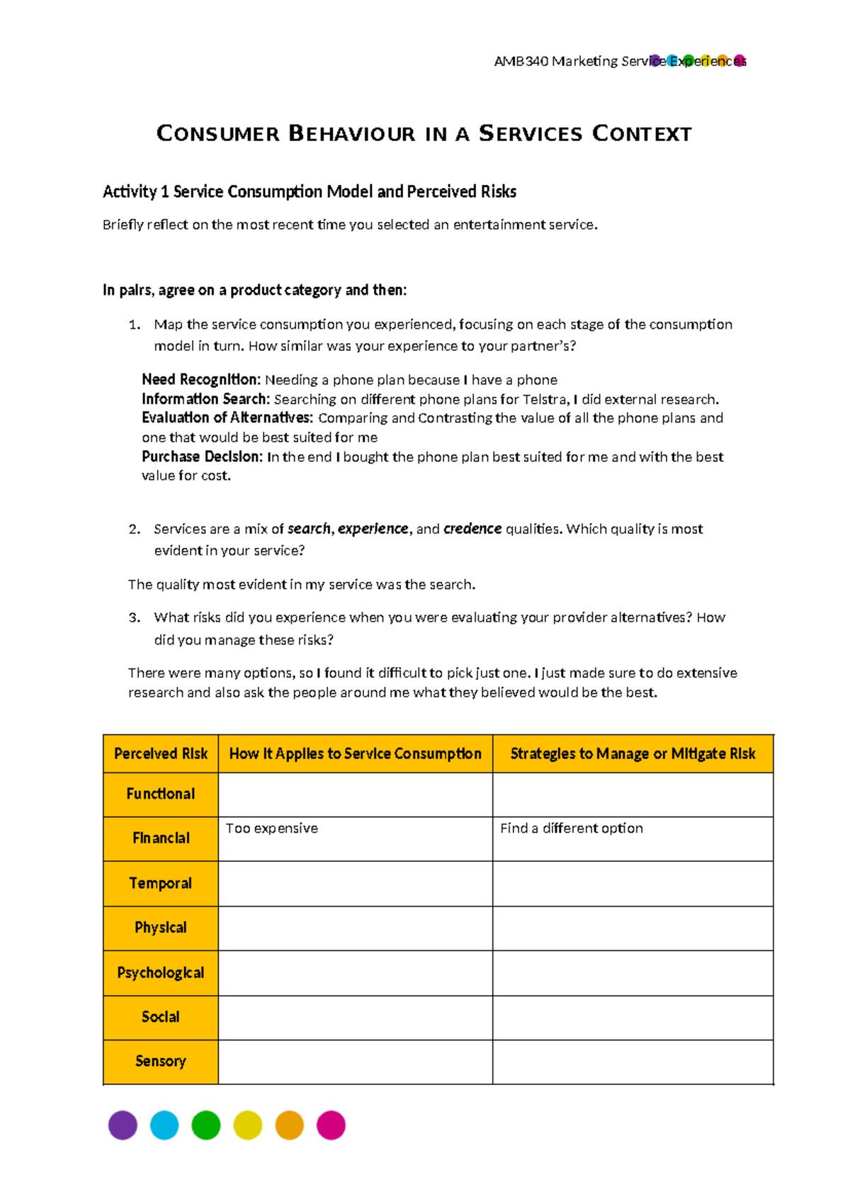 AMB340 T2 24s2 Worksheet- Consumer Behaviour - AMB340 Marketing Service ...