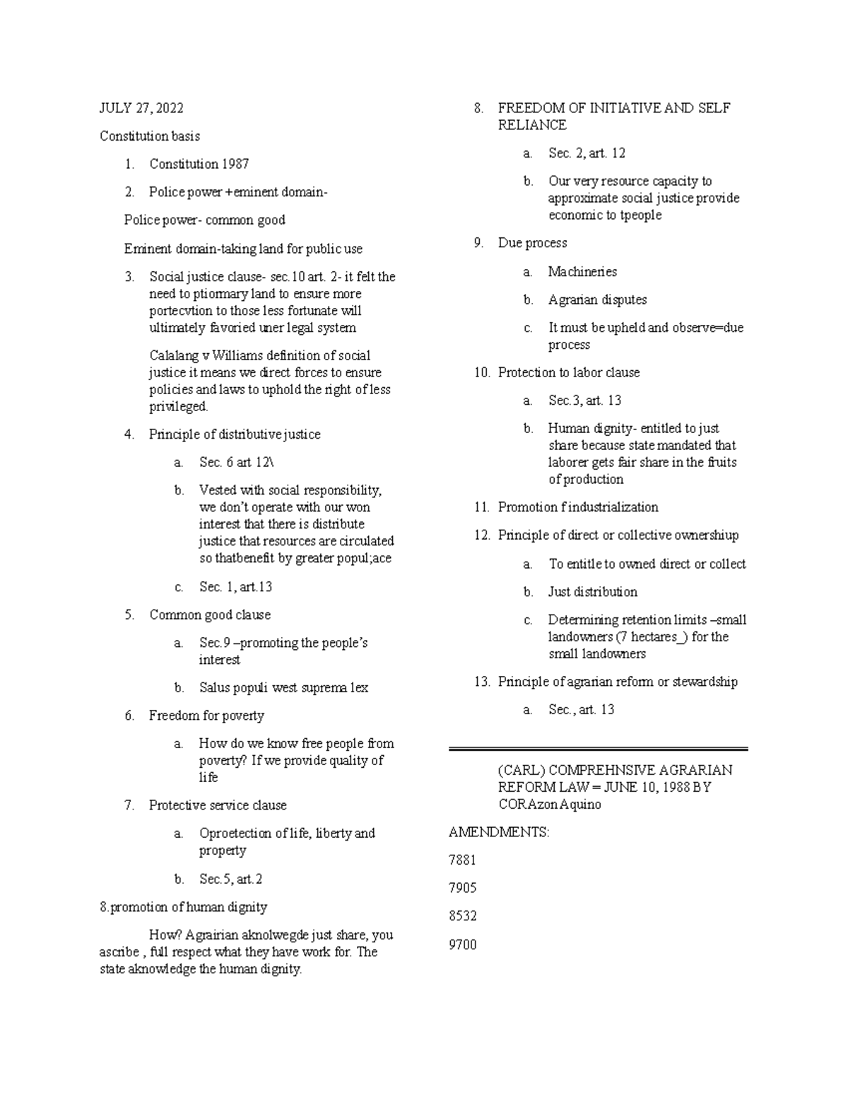 Notes - Agrarian Law And Social Legislation - JULY 27, 2022 ...