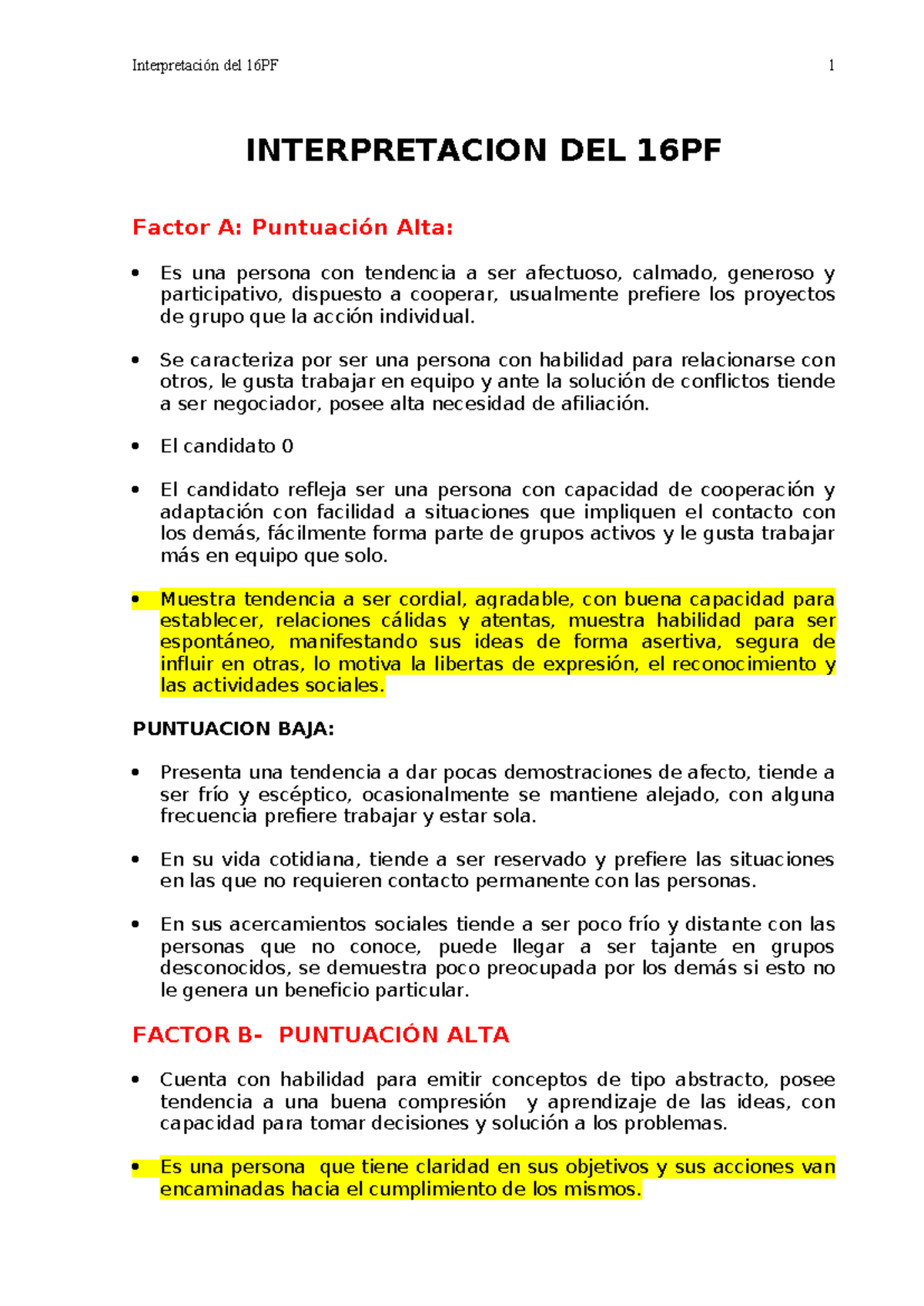 16PF Manual Interpretaci¢n - INTERPRETACION DEL 16PF Factor A ...