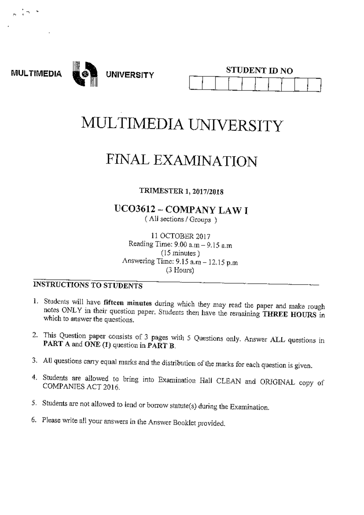 Past Year Examination Paper Company Law Studocu