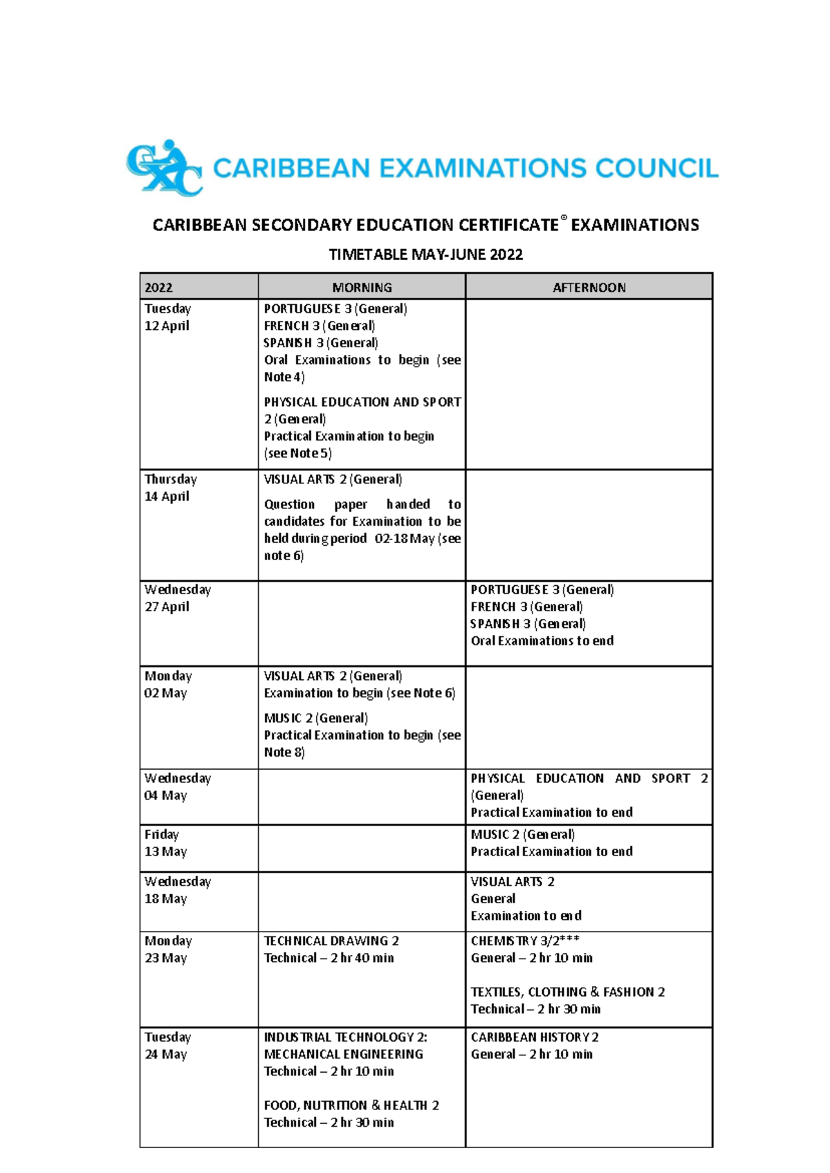 Timetable-CSEC May-June2022 Revised 29April 2022 - CARIBBEAN SECONDARY ...