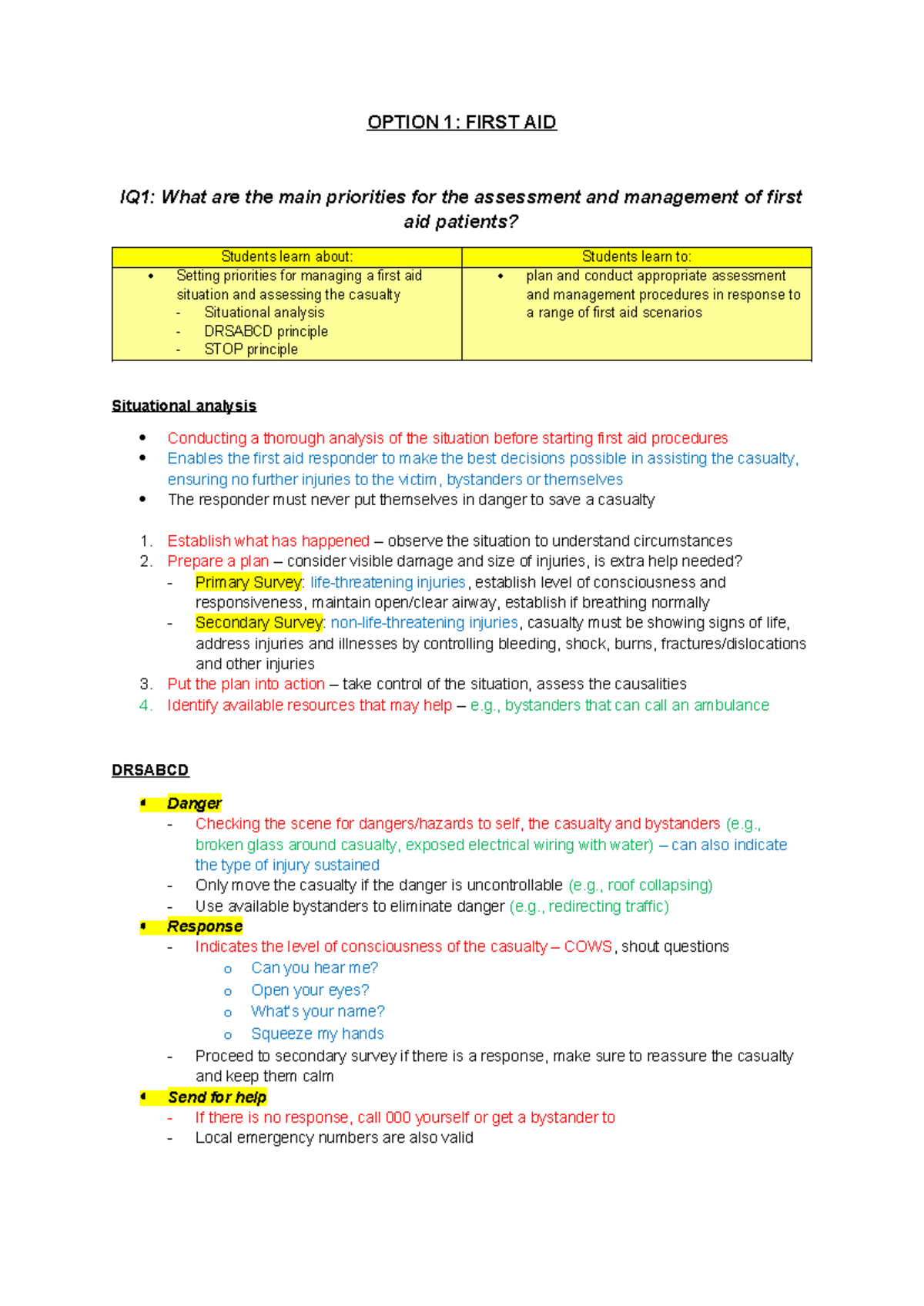 First Aid Notes - OPTION 1: FIRST AID IQ1: What are the main priorities ...