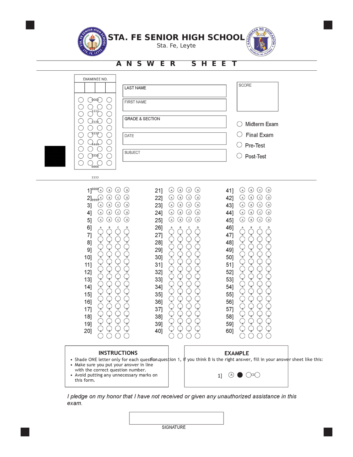 356185615 Answer Sheet Sample For Shading EXAMINEE NO 0000 1111 2222 