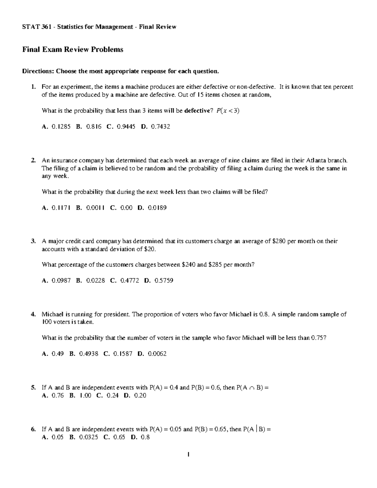 Final Review 14 June, questions and answers - STAT 361 Statistics for ...