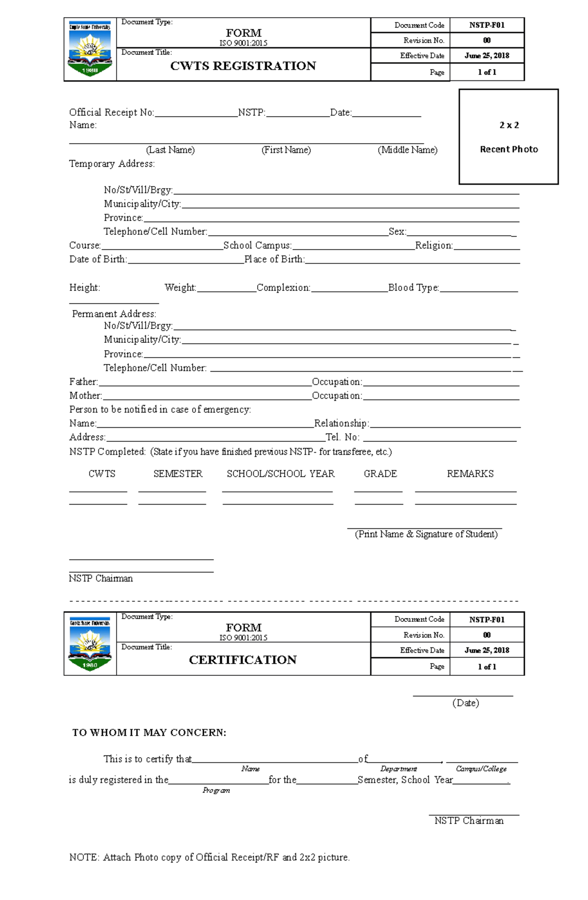 Nstp Cwts Form Na Document Type Form Iso 9001 Document Code