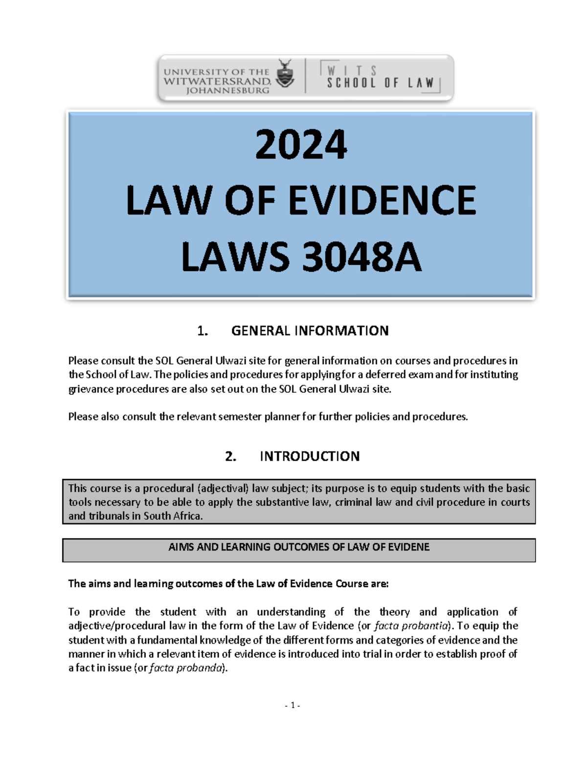 Course Outline Law of Evidence 2024 - 1. GENERAL INFORMATION Please ...
