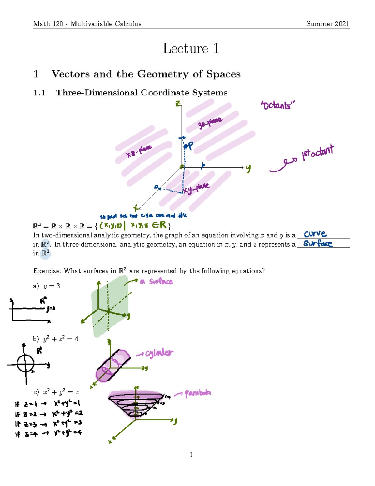 Lecture 1-Math 120 - Lecture 1 1 Vectors And The Geometry Of Spaces 1 ...