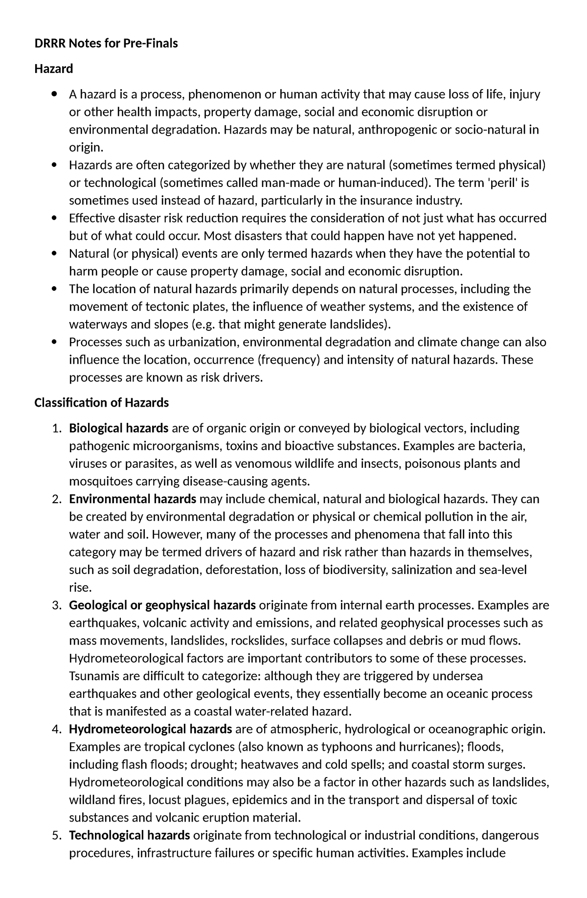 DRRR Notes and reviewer - DRRR Notes for Pre-Finals Hazard A hazard is ...