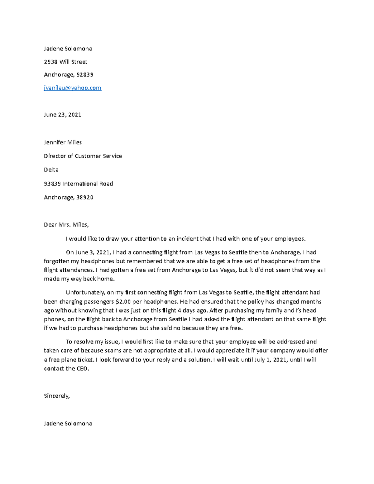 J. Solomona Complaint Letter - Jadene Solomona 2938 Will Street ...