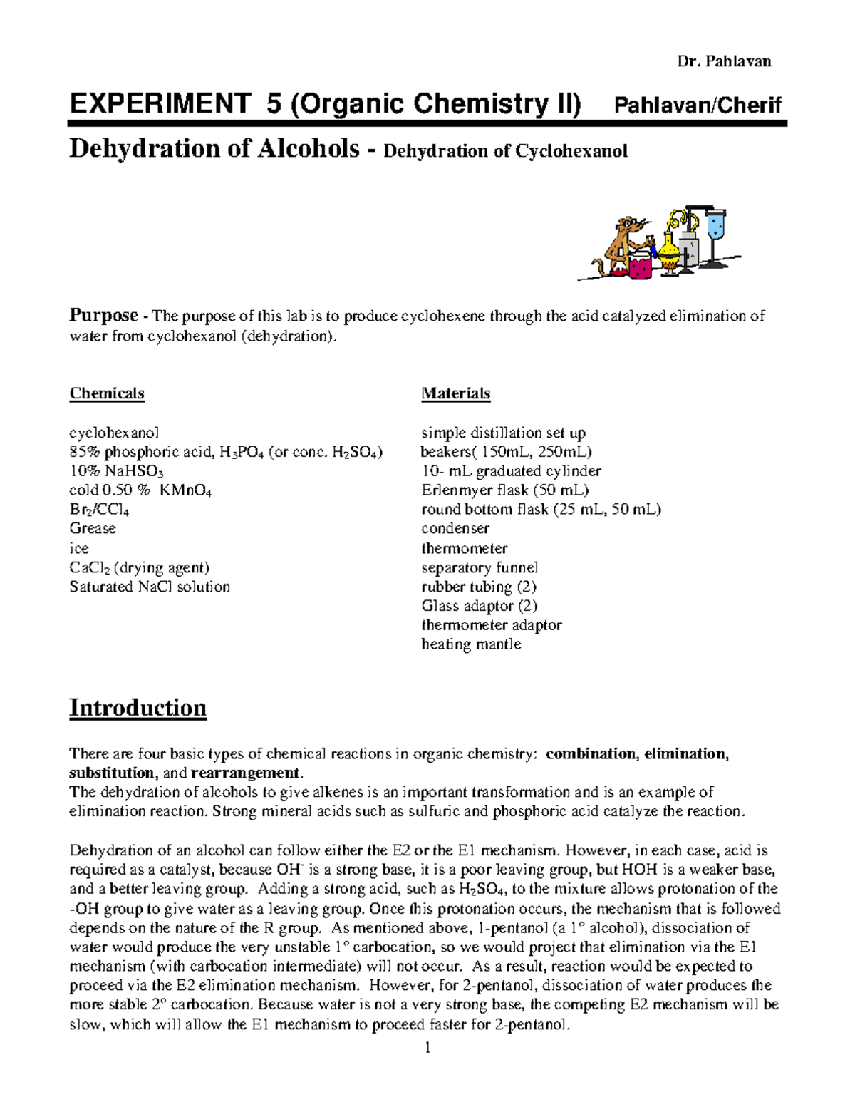 Dehyration - Dr. Pahlavan EXPERIMENT 5 (Organic Chemistry II) Pahlavan ...