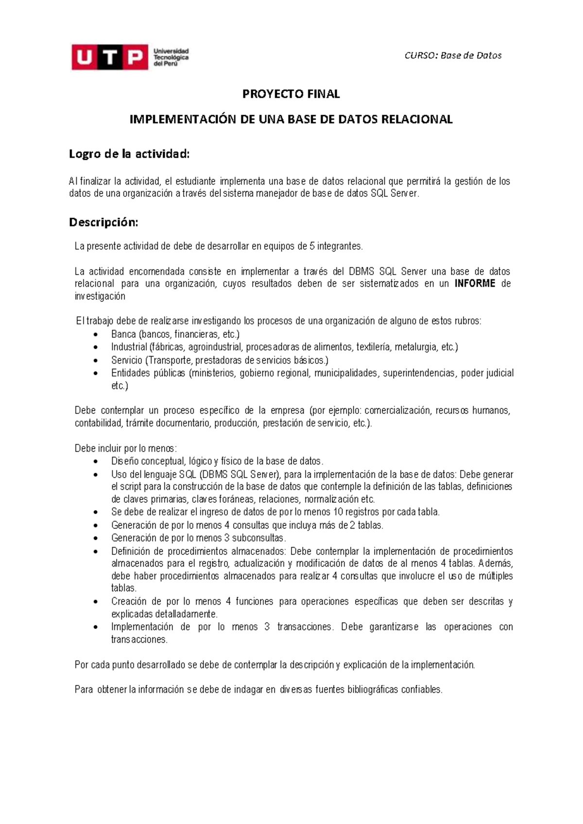 BD Proyecto Final Indicaciones - CURSO: Base de Datos PROYECTO FINAL ...