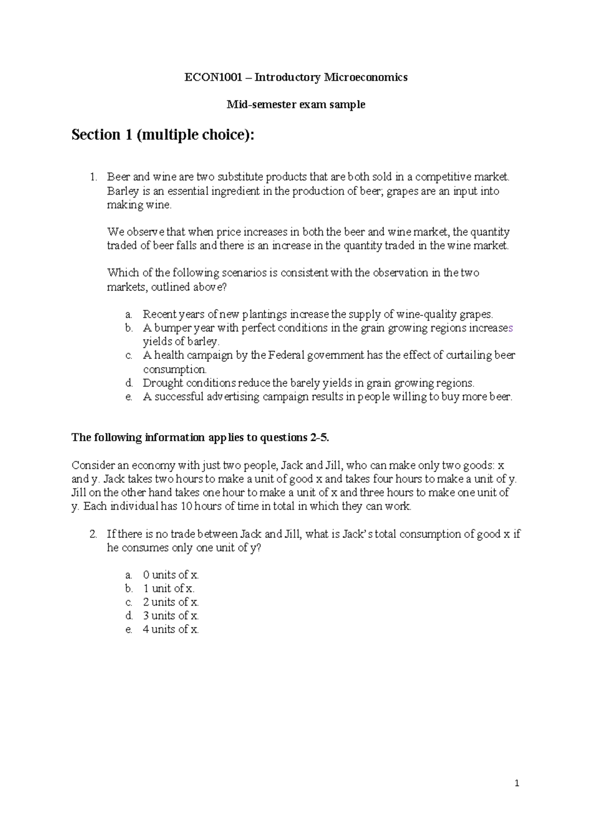 Mid-Semester Exam - ECON1001 – Introductory Microeconomics Mid-semester ...
