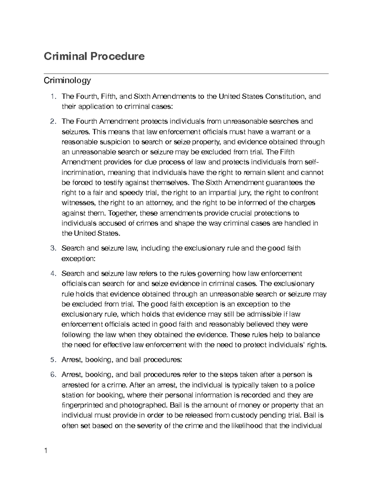 Criminal Procedure Summary Notes Criminal Procedure Criminology The Fourth, Fifth, and Sixth
