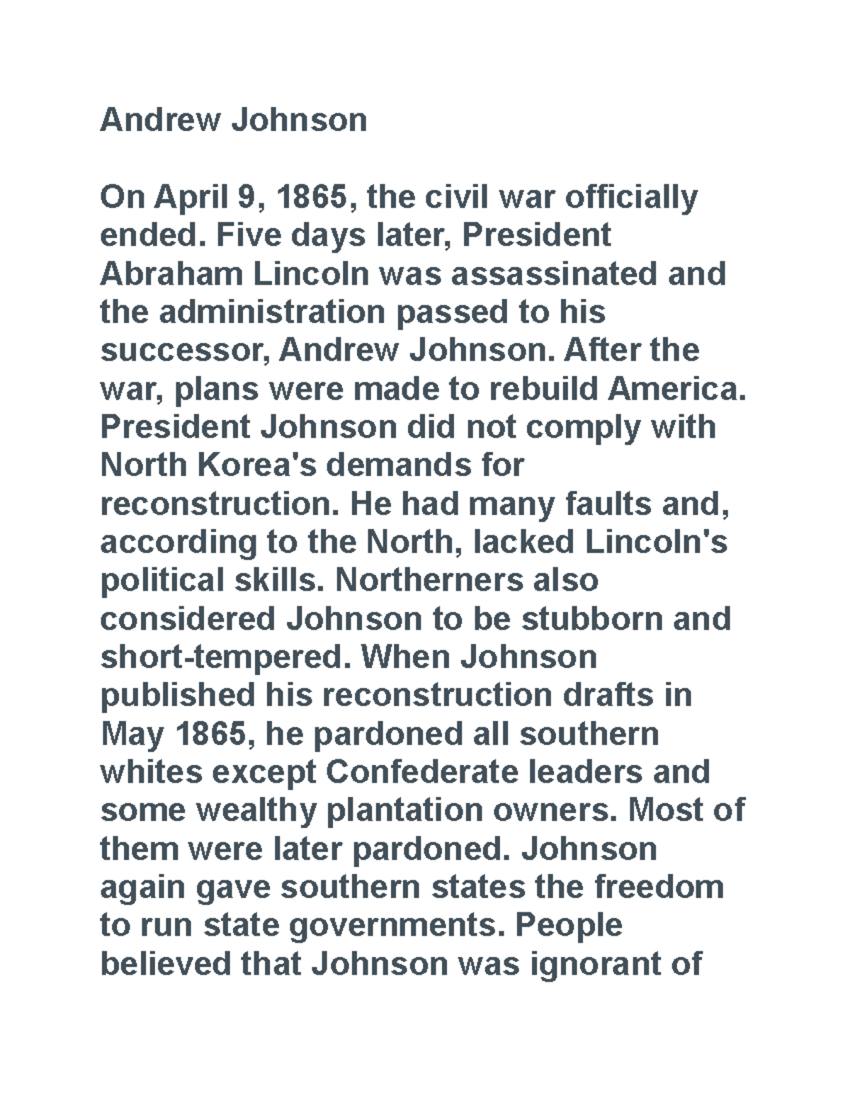 Andrew Johnson Essay Paper Andrew Johnson On April 9 1865 The Civil   Thumb 1200 1553 