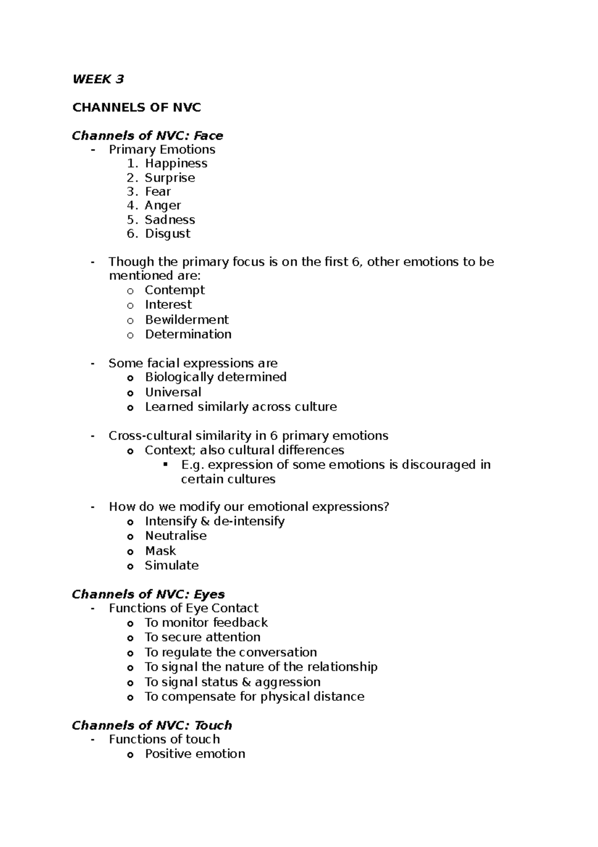 Interpersonals Lecture Notes Week 3 - WEEK 3 CHANNELS OF NVC Channels ...