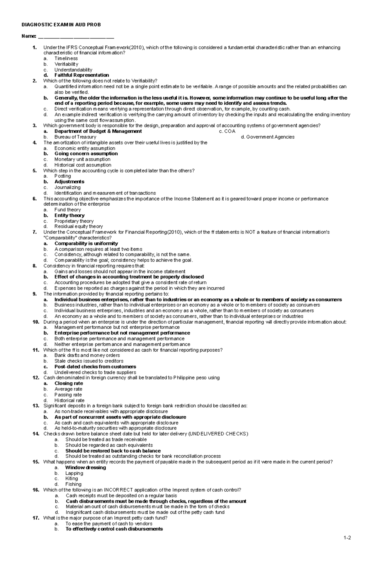 Exam 2020, questions and answers - DIAGNOSTIC EXAM IN AUD PROB Name