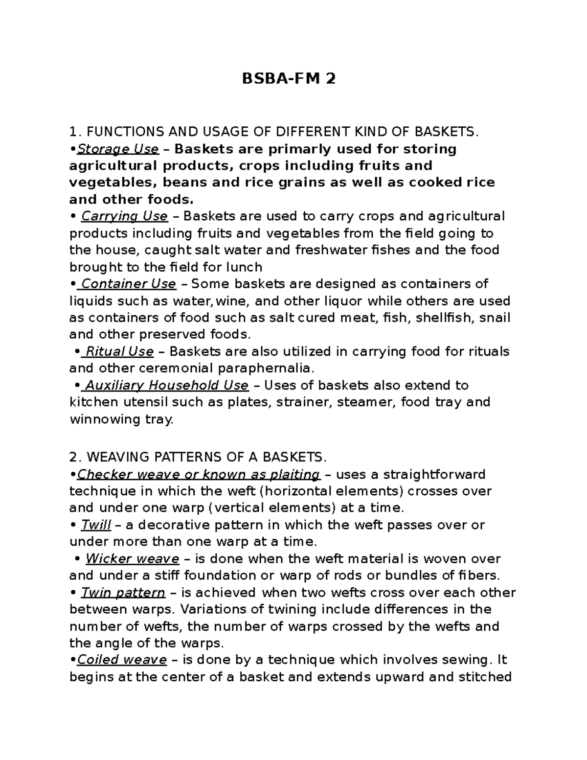 Functions AND Usage OF Different KIND OF Baskets BSBAFM 2 1