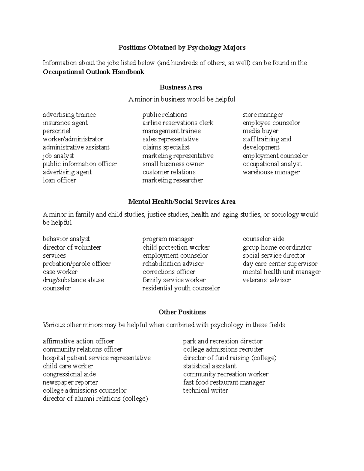 Positions Obtained by Psychology Majors Positions Obtained by
