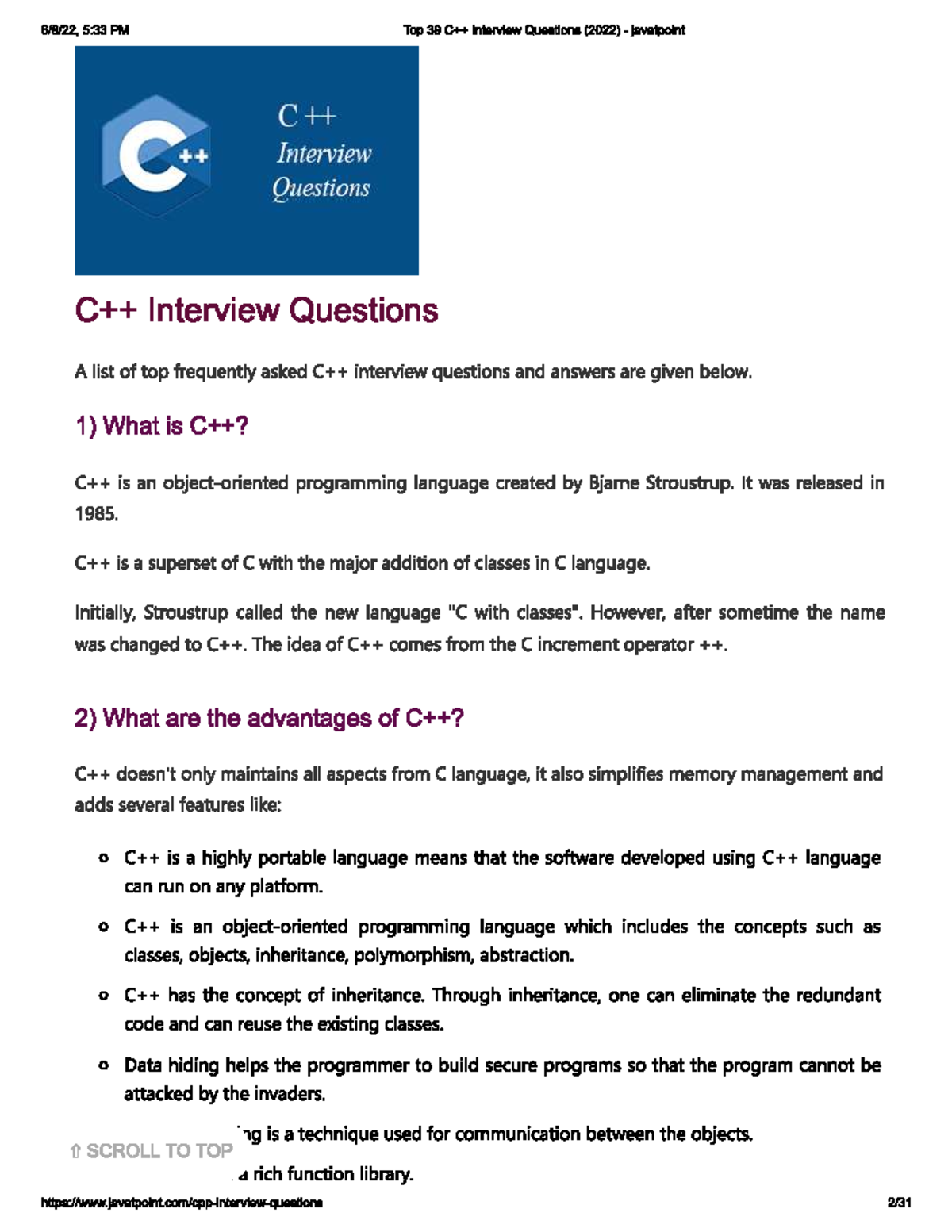 C++ Interview Question - Computer Science - Studocu