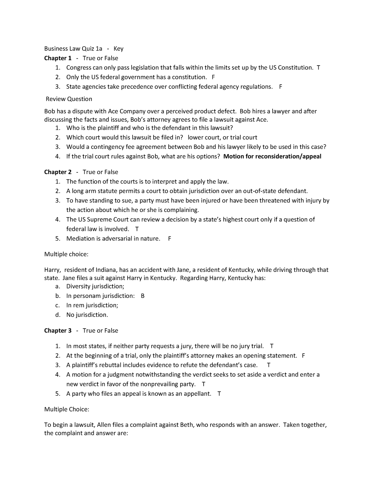 126366353 Business Law Quiz 1a Key - Business Law Quiz 1a - Key Chapter ...