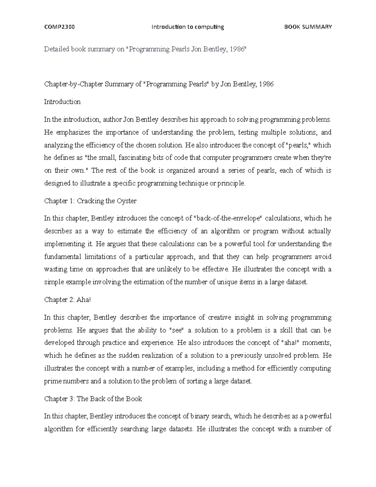 Detailed book summary on Programming Pearls - He emphasizes the ...