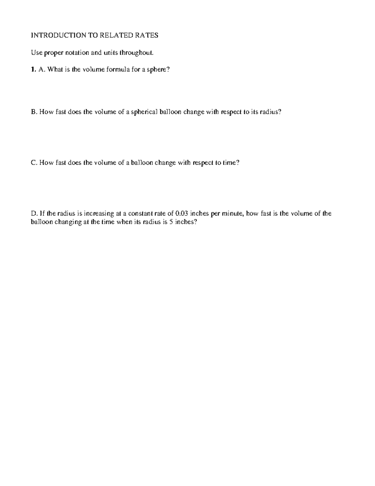 Ch4 introduction to related rates - INTRODUCTION TO RELATED RATES Use ...