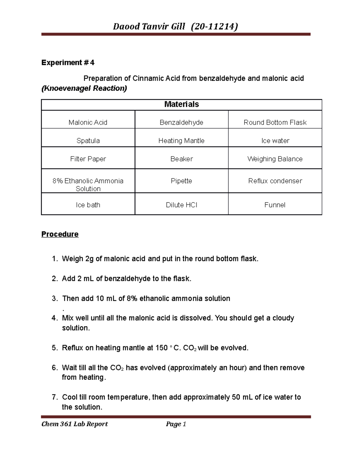 Chem 361 lab 4 Daood Tanvir Gill (2011214) Experiment 4